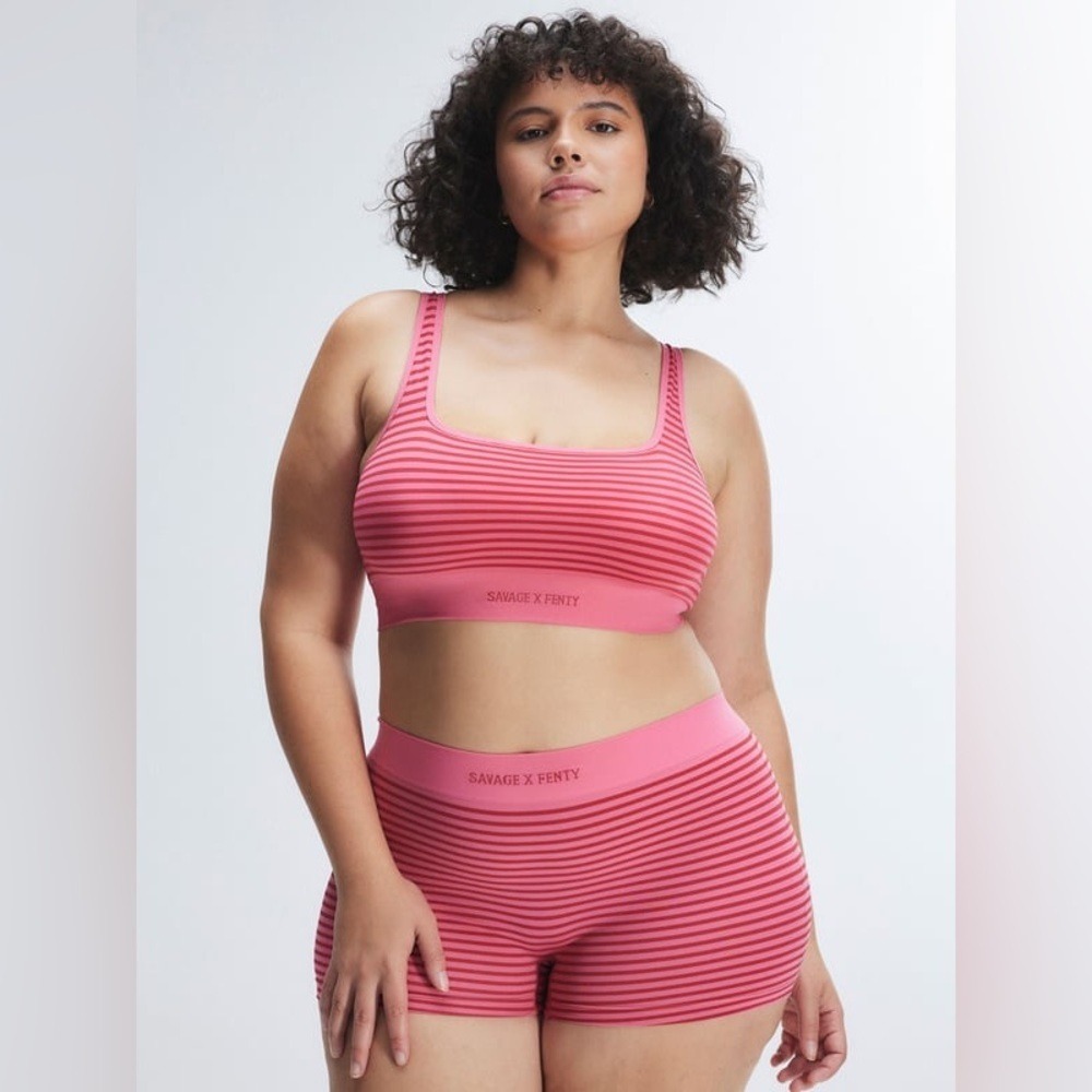 Nwt Savage X Fenty Seamless Bralette Stripe Acacia Pink/Rustic Red Pencil Xl